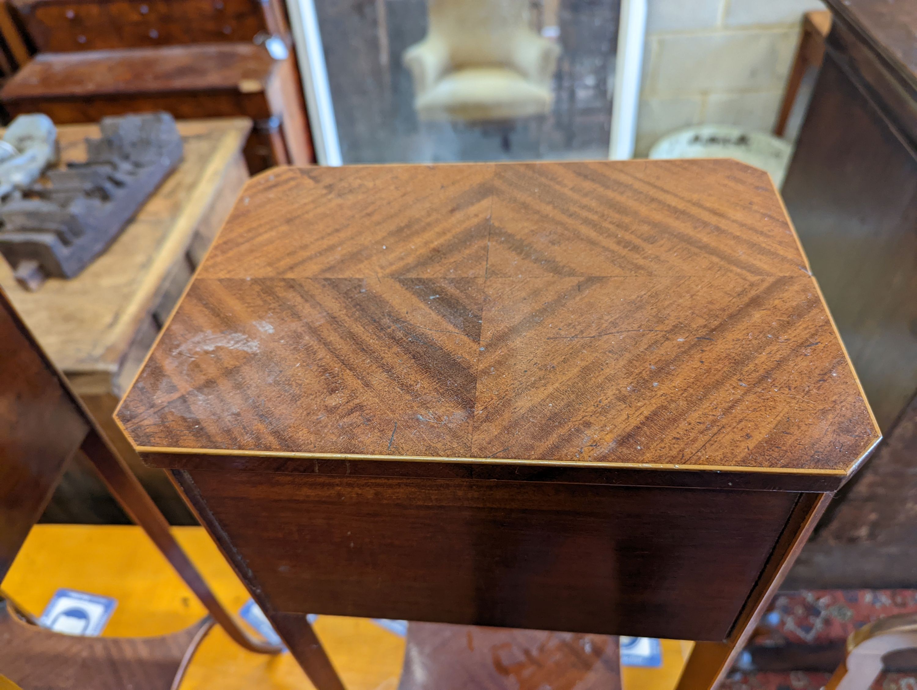 A pair of Sheraton revival inlaid mahogany two drawer bedside tables, width 30cm, height 67cm